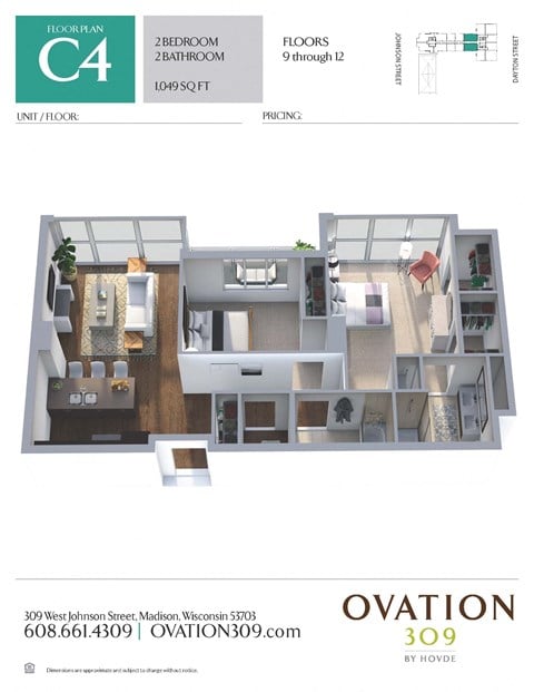 Floor plan for 2 beds, 2 baths, 1049 sqft